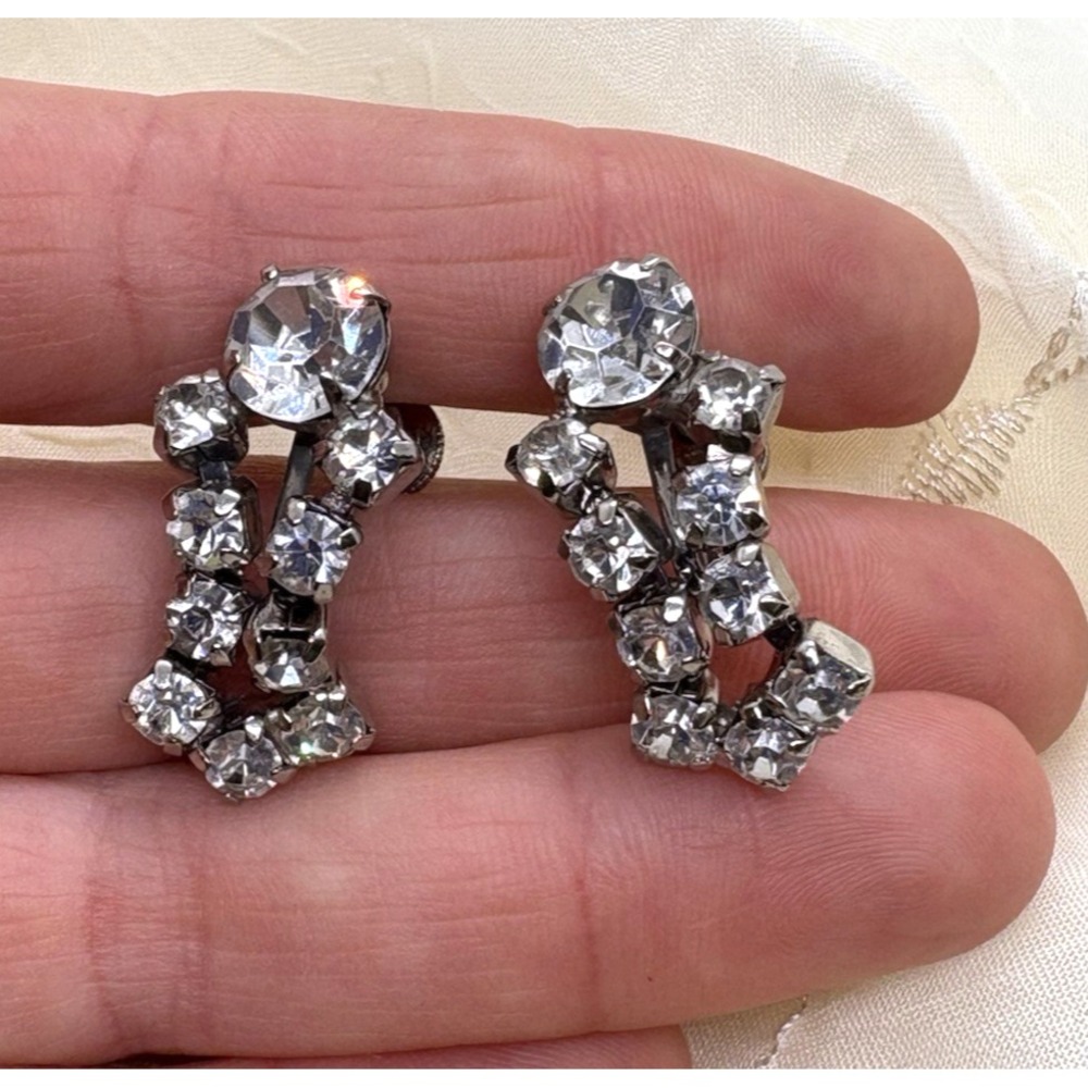 Vintage Coro Signed Clear Rhinestone Silver Tone Screw Back Earrings 1960s